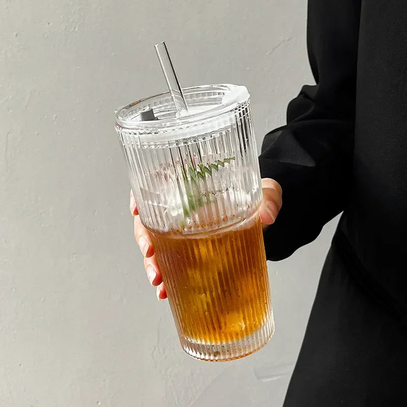 600ml Striped Borosilicate Glass Cup with Lid & Straw – Clear Iced Coffee & Smoothie Glass, CE Certified