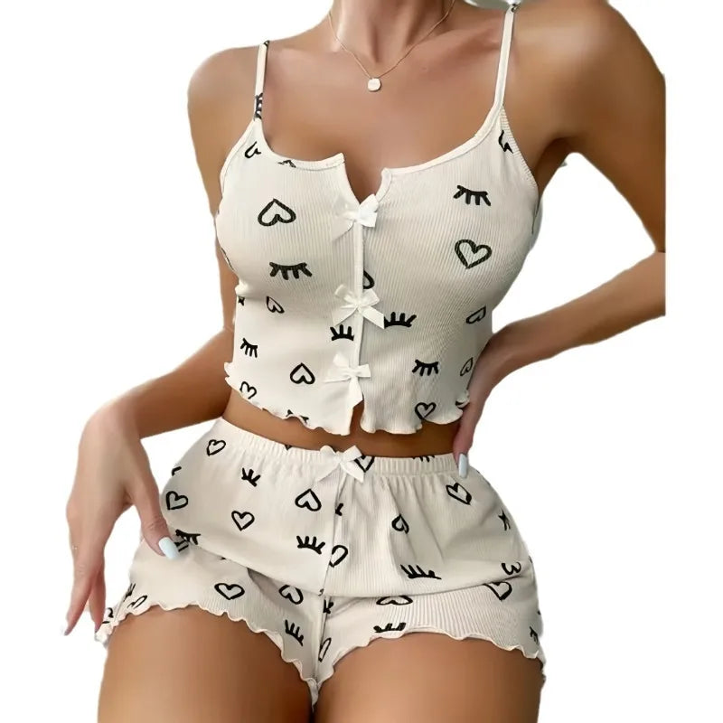 Heart Print Ribbed Cami Top & Shorts Pajama Set — Frill Trim Loungewear