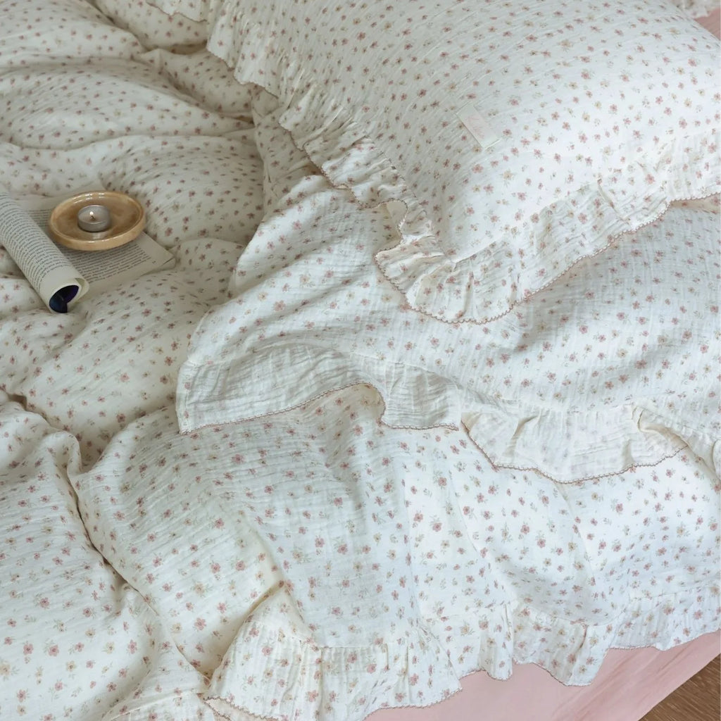 Princess Ruffle Bedding Set – 100% Cotton Gauze Duvet Cover with Pillowcases, Floral, 3-Piece