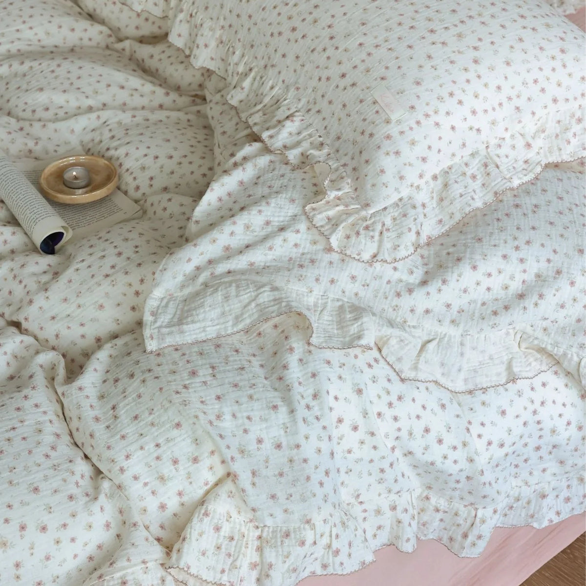 Princess Ruffle Bedding Set – 100% Cotton Gauze Duvet Cover with Pillowcases, Floral, 3-Piece
