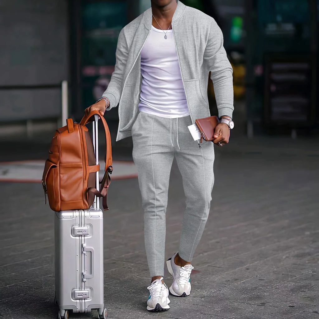 Men's Waffle Knit Baseball Jacket & Pants Set – Casual High Street Co-Ord