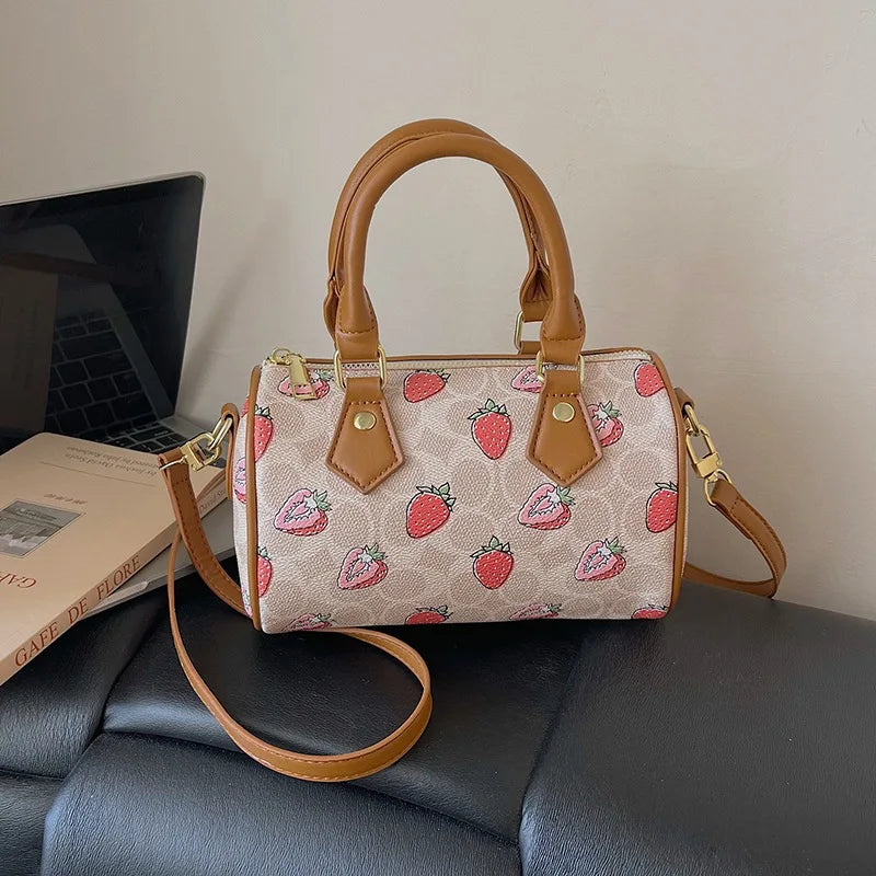 Cherry Print PU Leather Boston Crossbody Shoulder Bag – Luxury Designer Handbag for Women