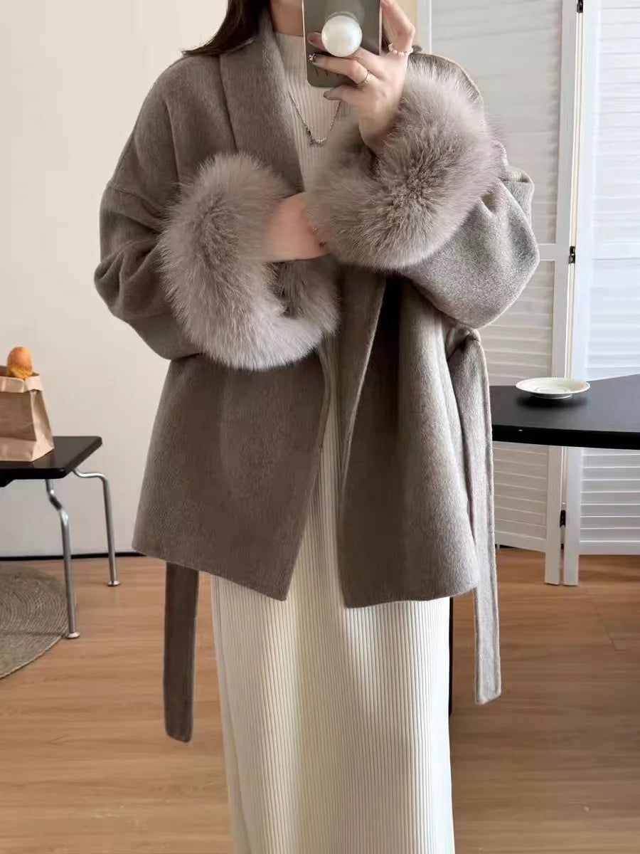 Women's Short Lace-Up Cashmere Wool Coat – Slim Lapel Autumn Winter Outerwear