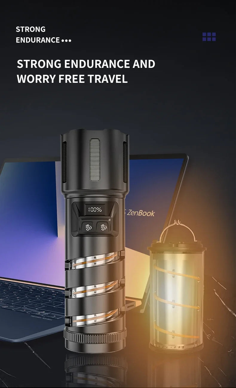 XHP360 Military-Grade 2-in-1 Super High Power Flashlight – 36-Core Zoomable Waterproof Rechargeable Torch with Safety Hammer