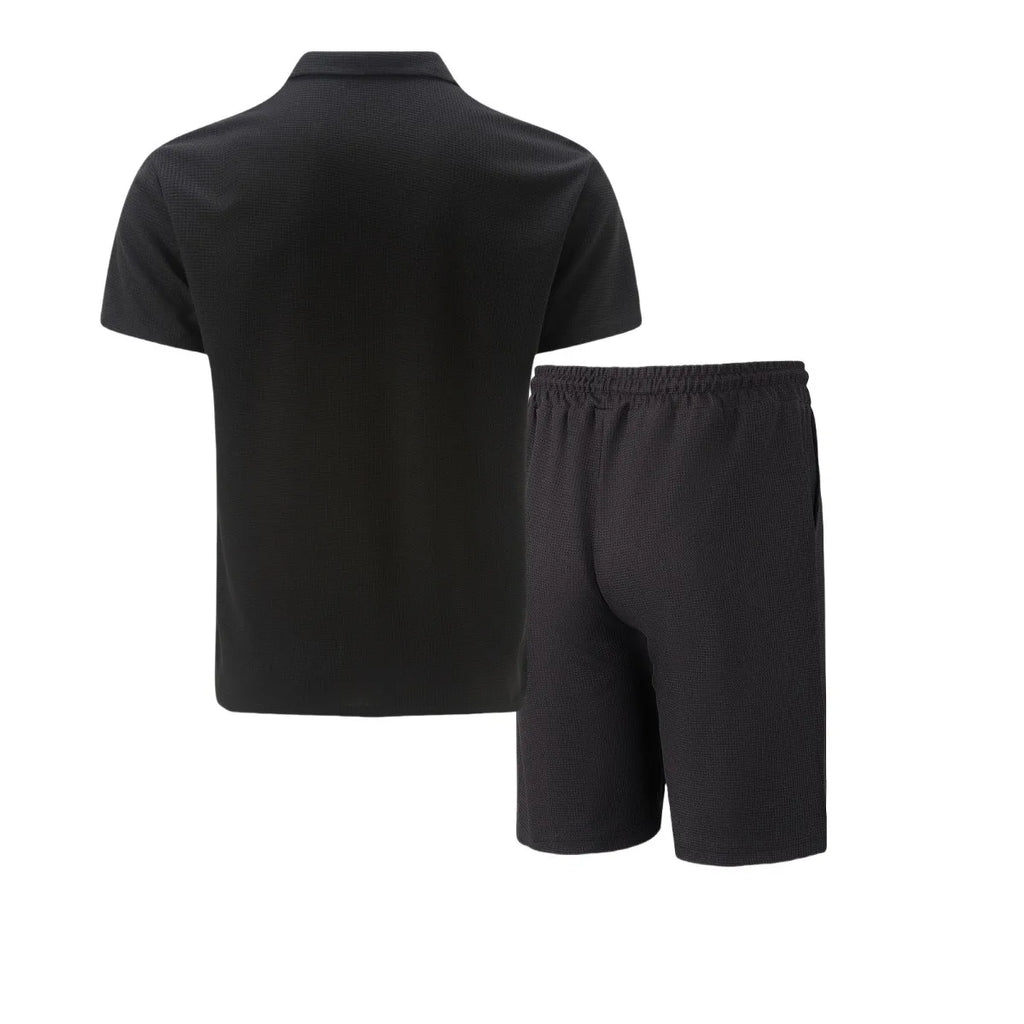 Men's Waffle Solid Color Zip Lapel Short Sleeve & Shorts Set – European Summer 2-Piece Suit