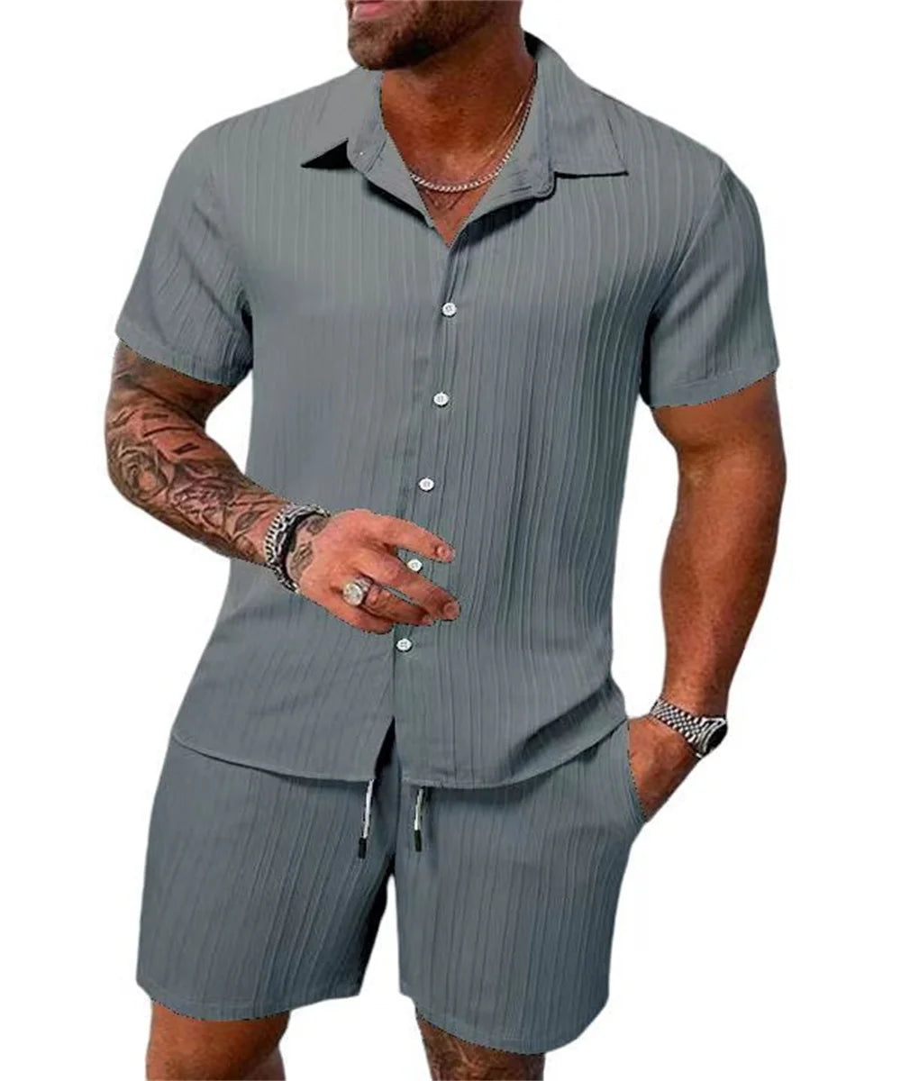 Men's Solid Color Casual Beach Shirt & Shorts Set – Loose Short Sleeve Outdoor Sport Summer 2-Piece