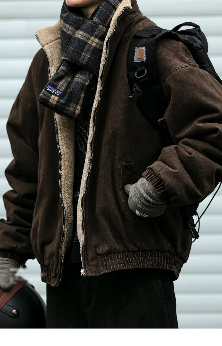 Men's Vintage Polar Fleece Jacket — Korean Streetwear Loose Warm Coat