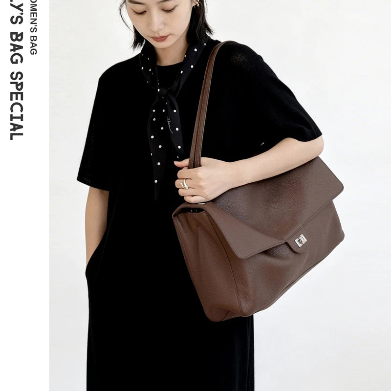 Head Layer Cowhide Leather Commuter Tote Bag – Large Capacity Crossbody Shoulder Bag for Women
