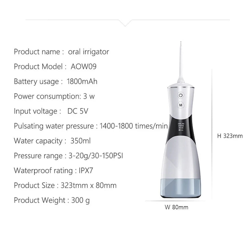 Portable Oral Irrigator – 350ml Tank, 5 Pressure Modes, IPX7, 1800mAh, 5 Nozzles, USB Rechargeable