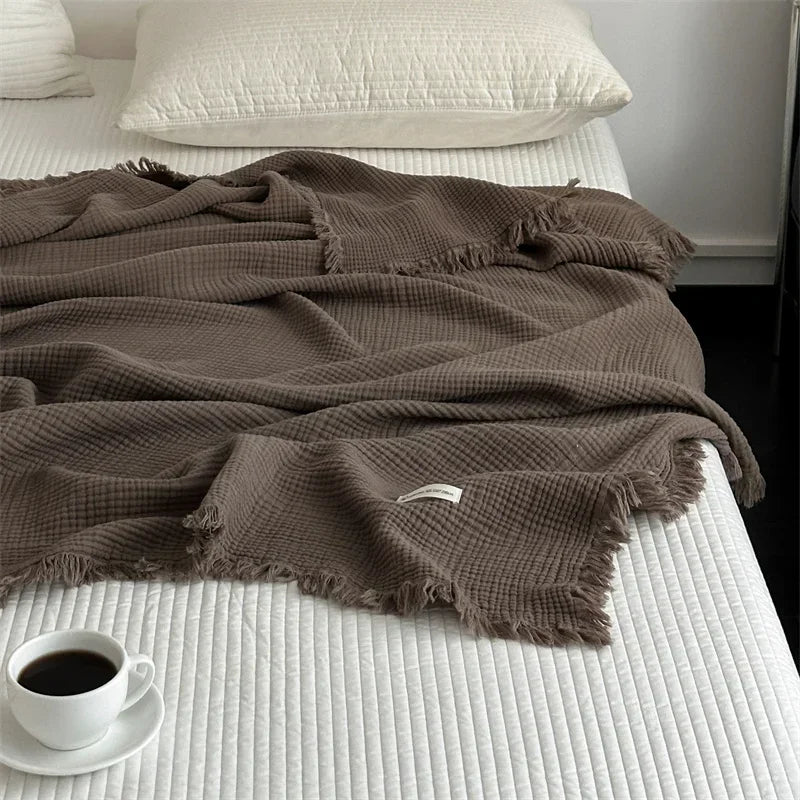 100% Cotton Tassel Blanket – Skin-Friendly Plaid Sofa Throw & Bed Shawl, Solid Color