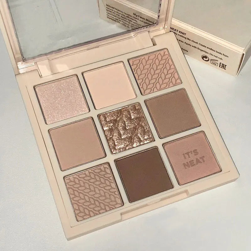 9-Color Knit Button Eyeshadow Palette — Pearl, Matte & Earth Tones