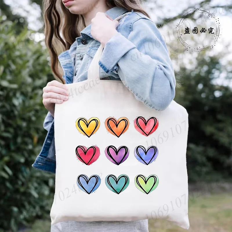 Large Capacity Canvas Shoulder Bag – Harajuku Watercolor Heart Print Shopper Tote