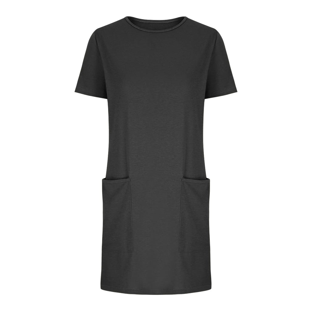 Solid Color Pocket Casual Sports Dress — Short Sleeve O-Neck A-Line Knee-Length Dress