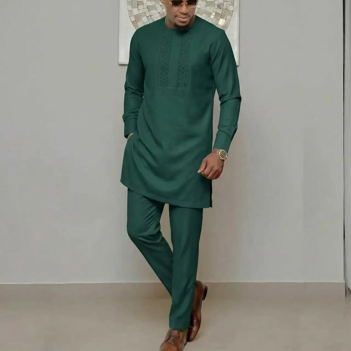 Men's African Kaunda Kaftan Long Sleeve Top & Pants 2-Piece Suit – Traditional Ethnic Wear