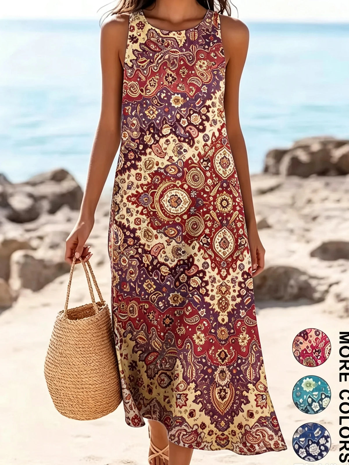 Women's Bohemian Floral Sleeveless MIDI Sundress with Pockets – Loose Sweetheart Beach Dress 2026