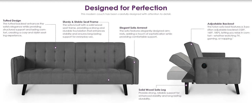 Sofa, Bed & Charging Station in One — TYBOATLE 65" Futon Sofa Bed | 2 USB Ports, Tufted Linen, Adjustable Loveseat for Small Spaces