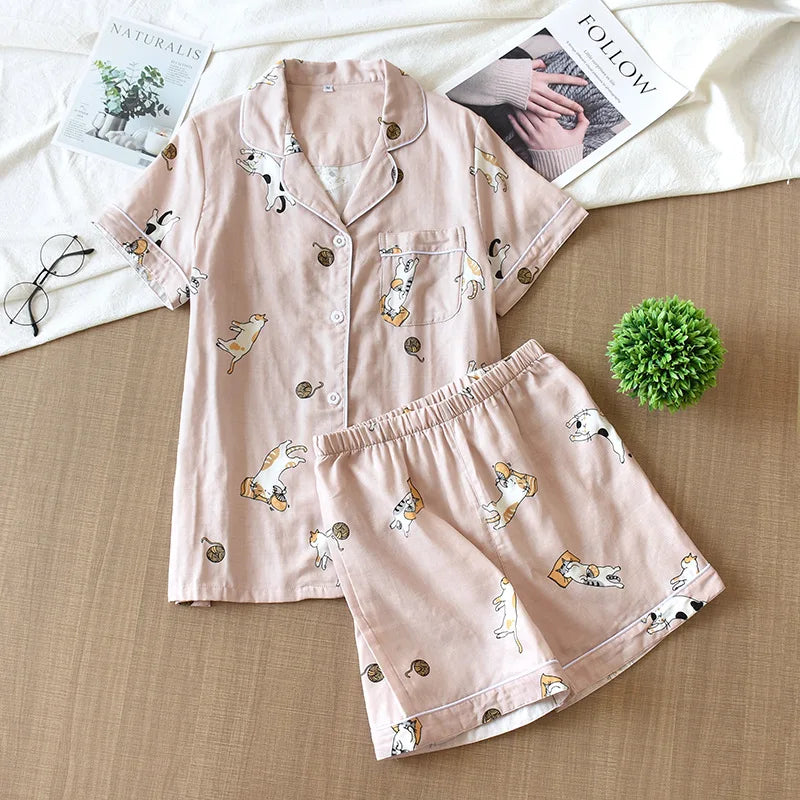 Women's Japanese Style 100% Cotton Cartoon Pajama Set | Short Sleeve & Shorts Sleepwear