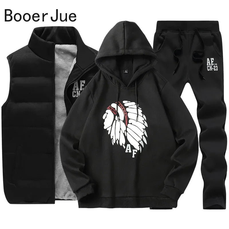 Men's 3-Piece Winter Tracksuit – Hoodie, Vest & Pants Thick Warm Set