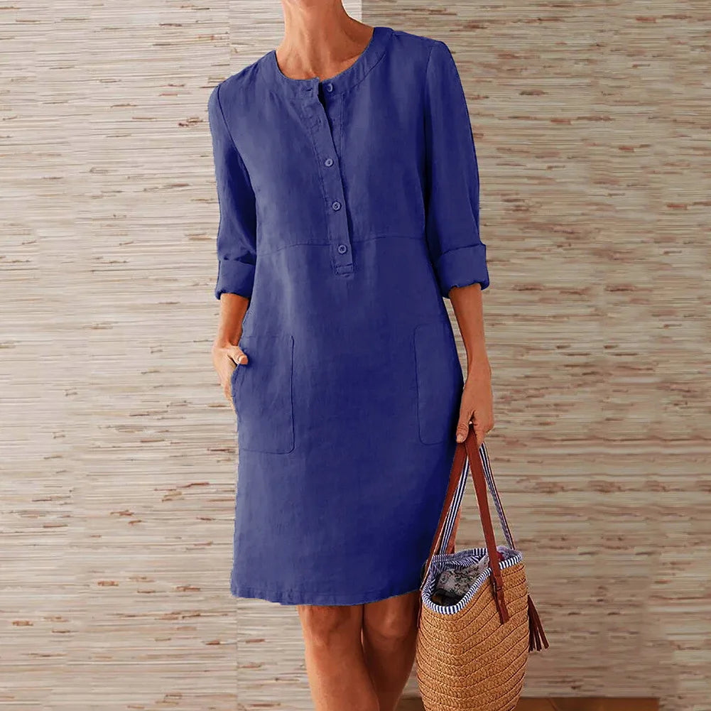 Women's Cotton Linen Tunic Dress – Long Sleeve Vintage Straight Oversized Casual Dress