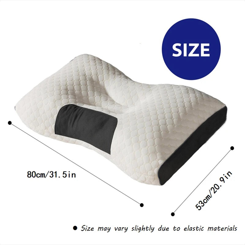 Ergonomic pillow with dimensions on a white background
