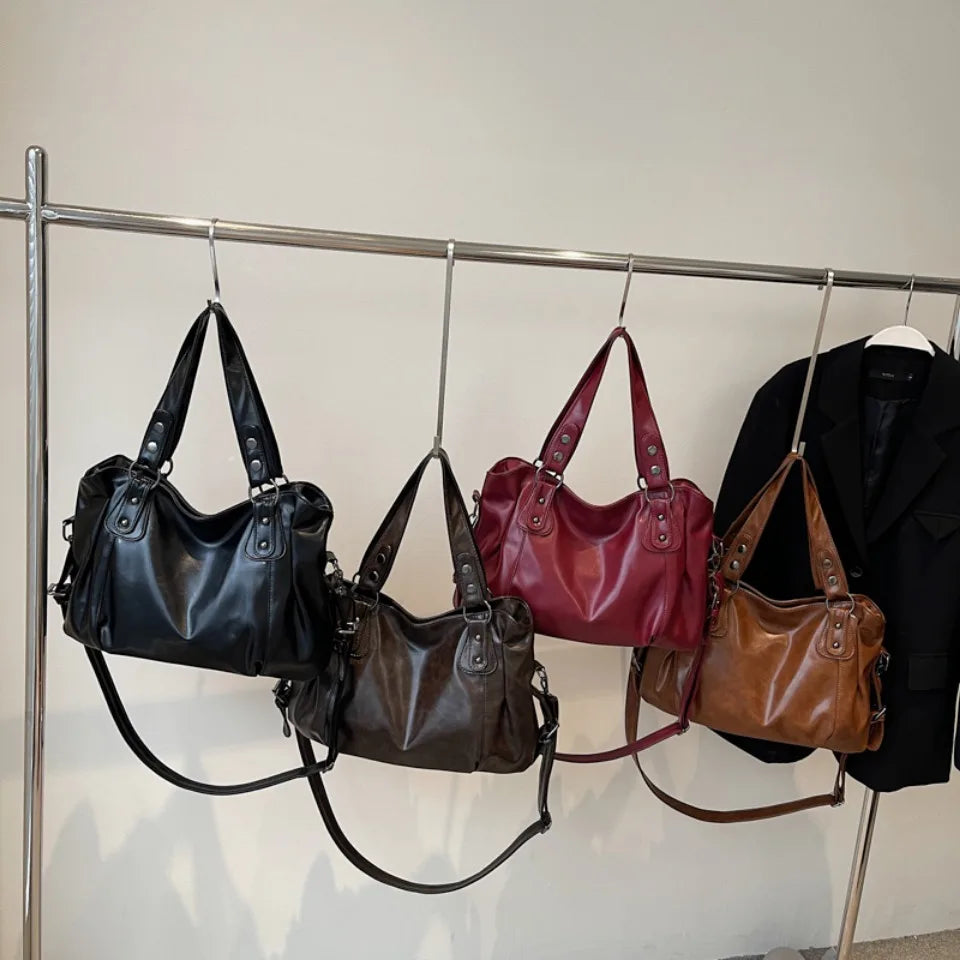 Retro Luxury PU Leather Tote Bag – Large Capacity Solid Color Crossbody Shoulder Bag for Women