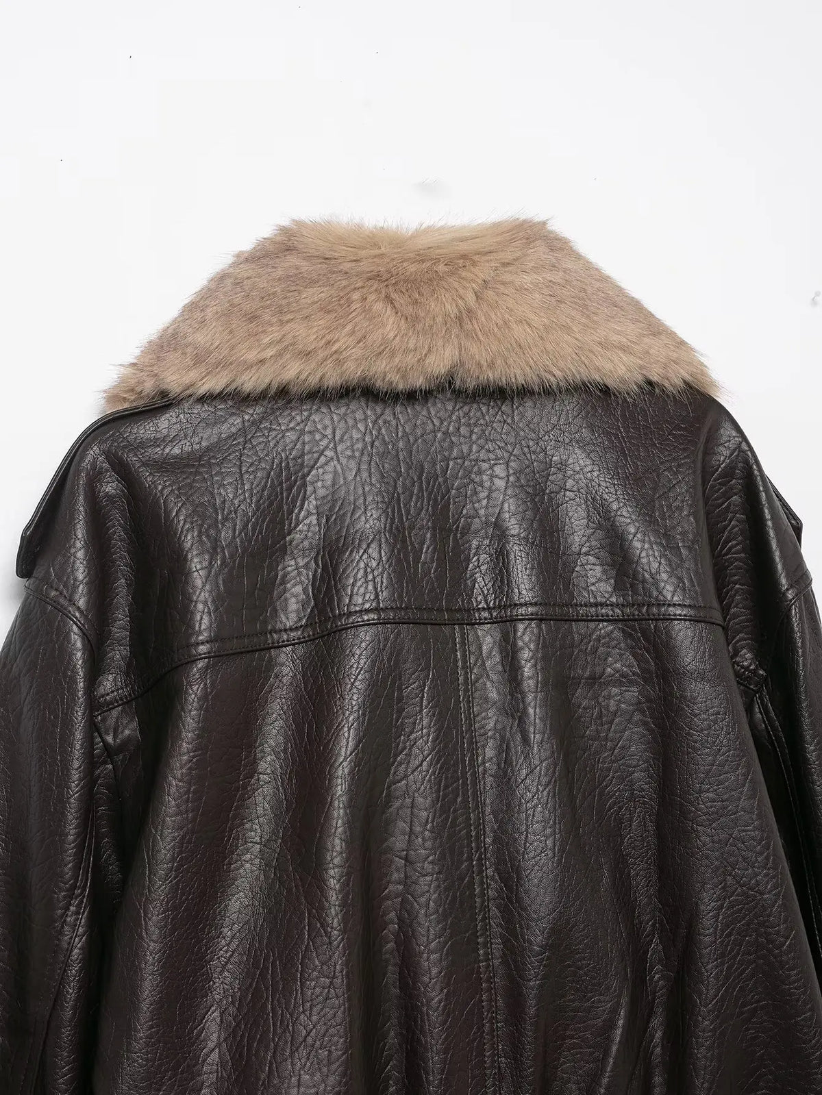 Women's Double-Breasted Faux Fur Collar Leather Bomber Jacket – Loose Warm Streetwear Coat