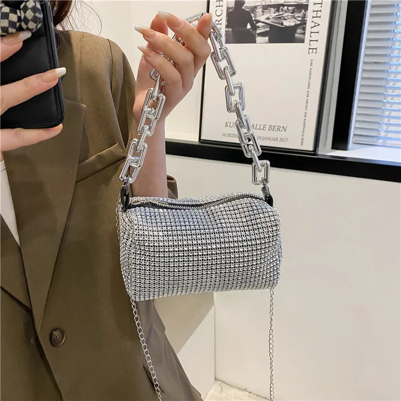Rhinestone Glitter Mini Crossbody Bag – Chain Prom Purse Pillow Shoulder Bag for Women