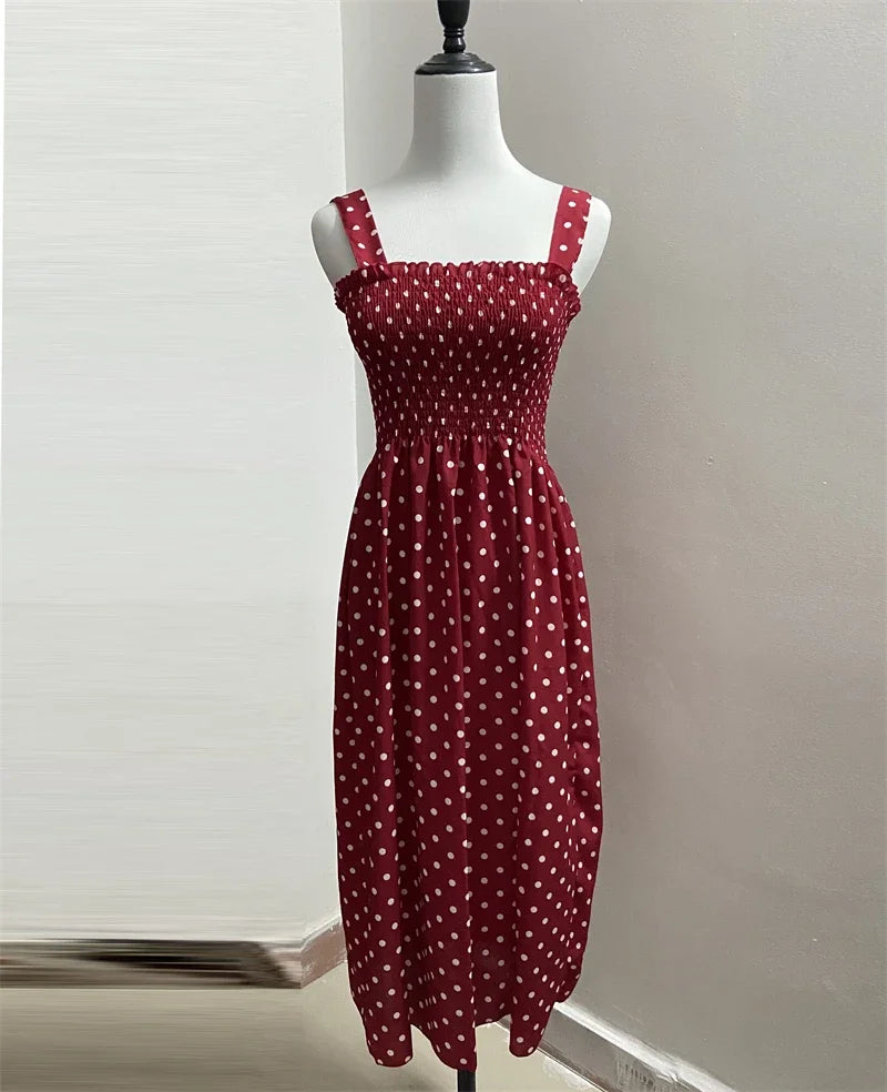 Polka Dot Square Neck Chiffon Maxi Dress — Sleeveless Elegant Long Dress