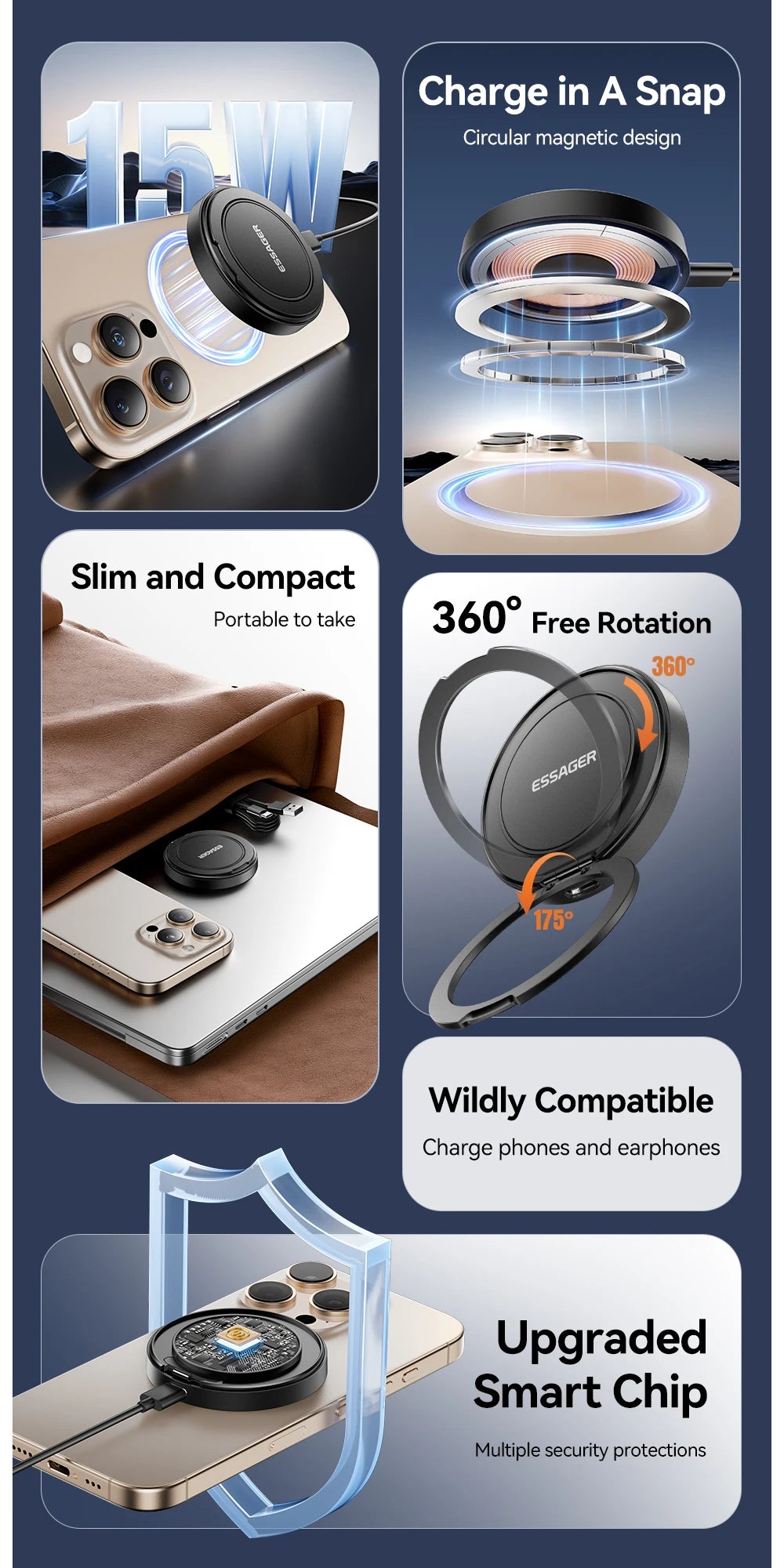 Essager 15W Magnetic Wireless Charger Pad – Fast Charging Stand for iPhone 12–17 & AirPods