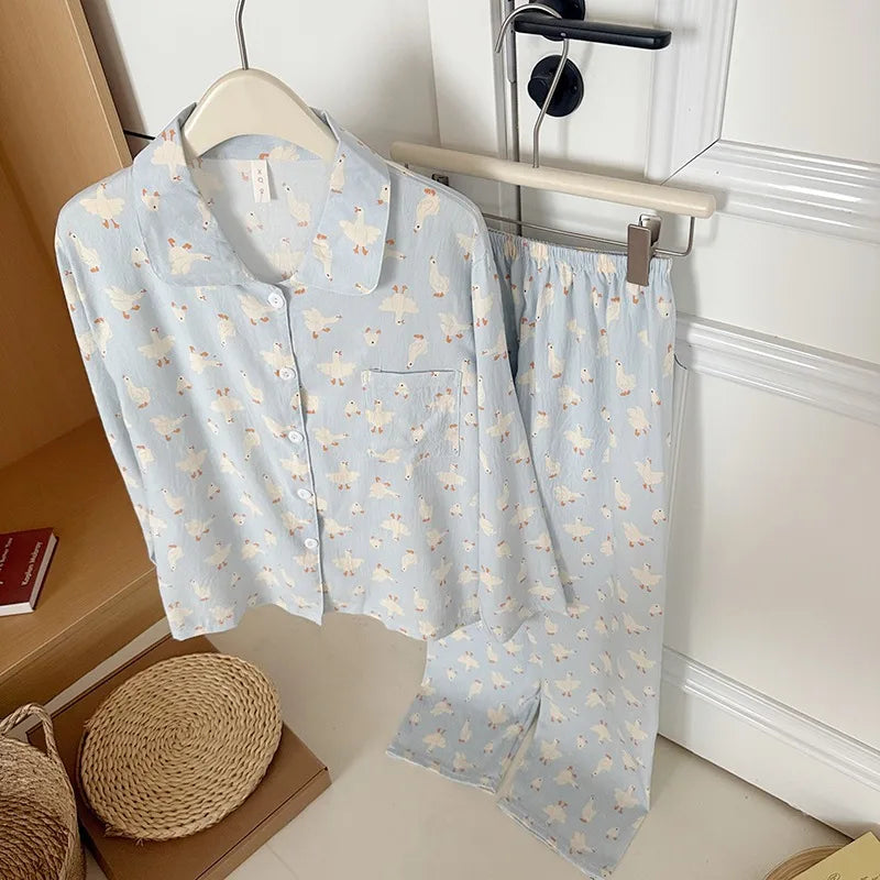 Women's Kawaii Goose Print Y2K Pajamas Set | Korean Fashion Lapel Neck Autumn Loungewear