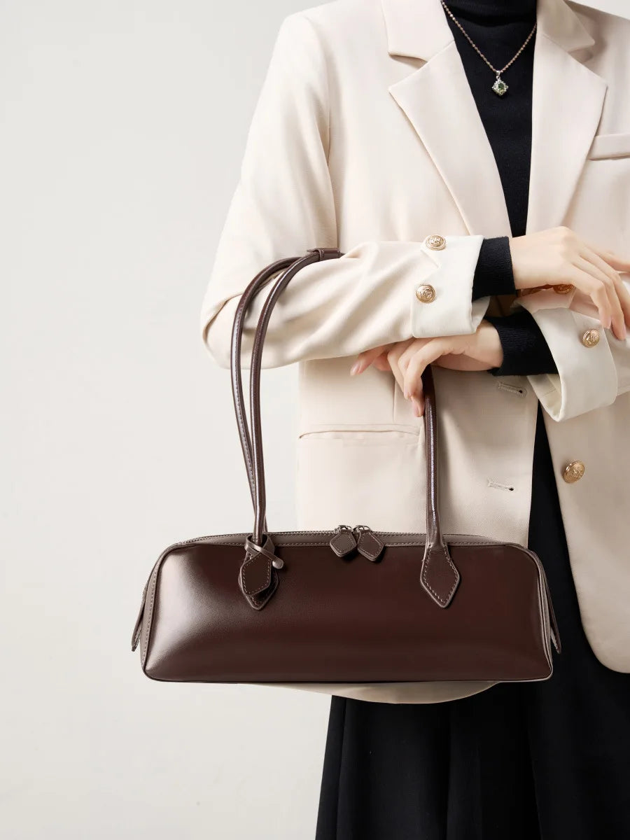 Vintage Genuine Leather Baguette Shoulder Bag – Korean Luxury Underarm Handbag for Women