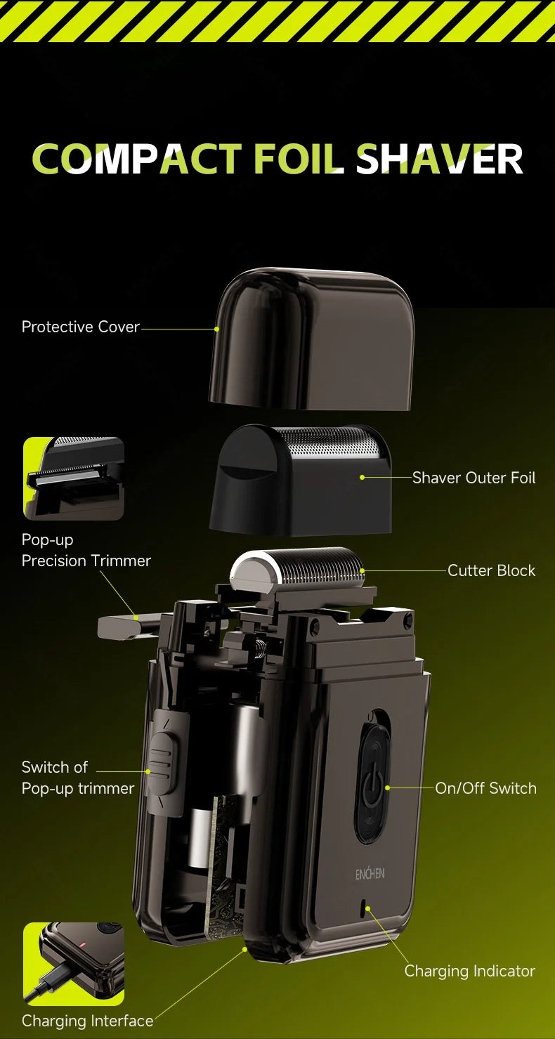 Compact Foil Electric Shaver — Pop-Up Precision Trimmer, Type-C Charging, 7000RPM