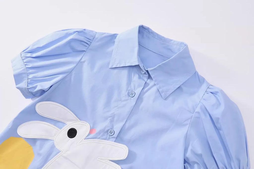 Rabbit Cartoon Shirt Dress for Girls — Short Sleeve Blue Casual Dress