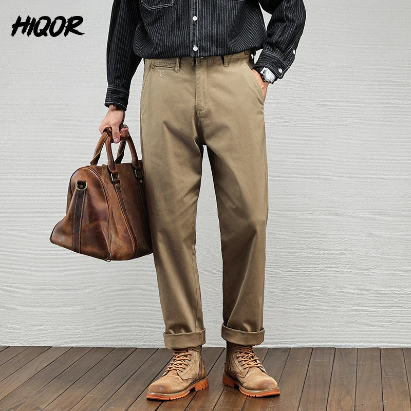 Men's Vintage Straight Leg Cotton Workwear Trousers — Loose Fit Retro Pants for Autumn & Winter