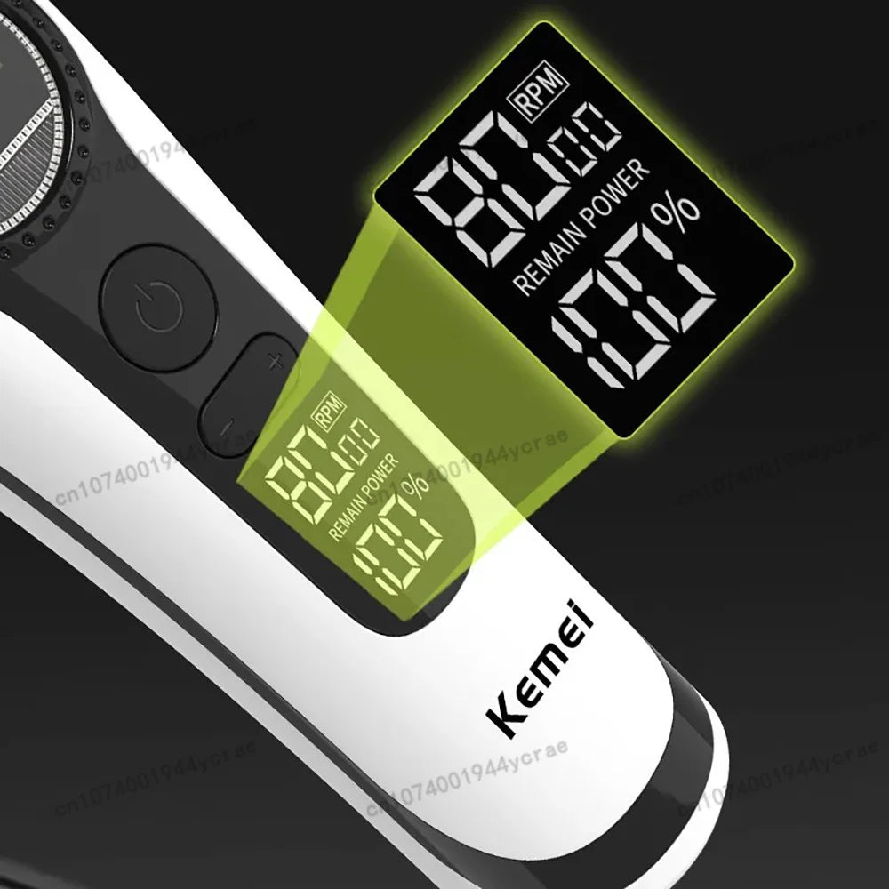 Kemei KM-1593 / KM-1595 Brushless Hair Clipper – DLC Blade, 8000 RPM, 200-Min Runtime, USB-C