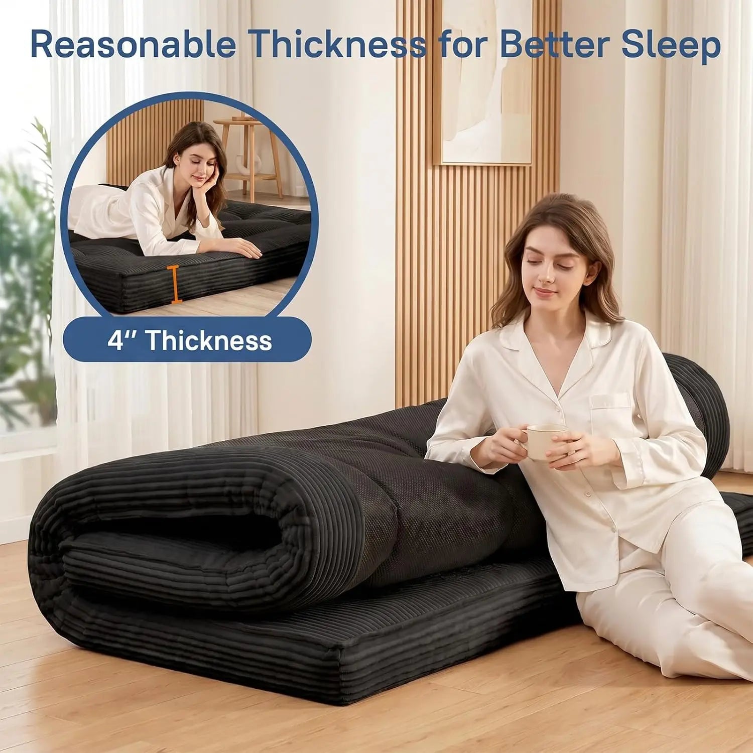 Sleep Anywhere in Comfort — Extra Thick Japanese Floor Futon Mattress | Memory Foam, Foldable, Anti-Slip for Adults & Guests