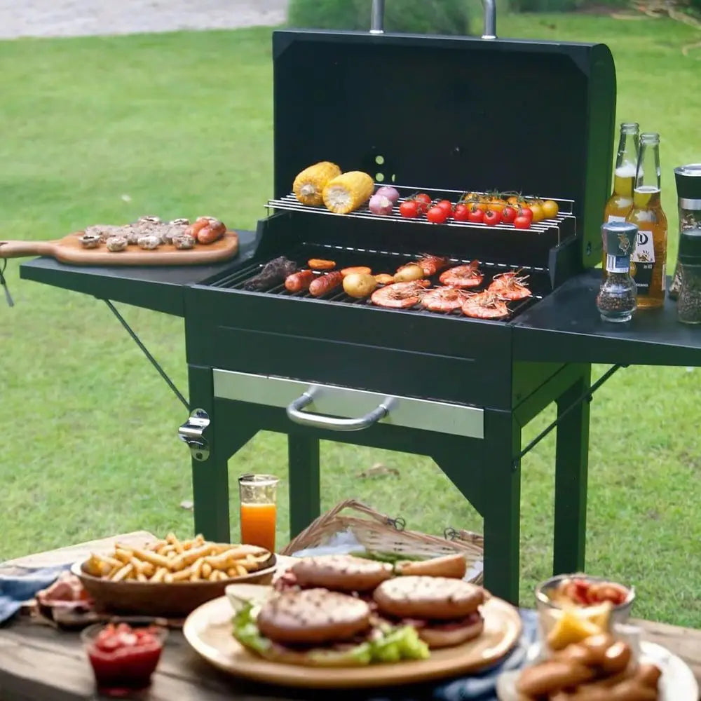 Dual-Side Table Charcoal Grill | 332 Sq. In. Cooking Area, Built-In Thermometer, 360° Wheels, Removable Ash Collector, Outdoor BBQ Smoker