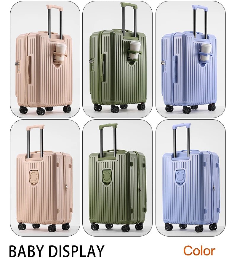 Expandable Front-Opening Suitcase – Cup Holder & Spinner Wheels
