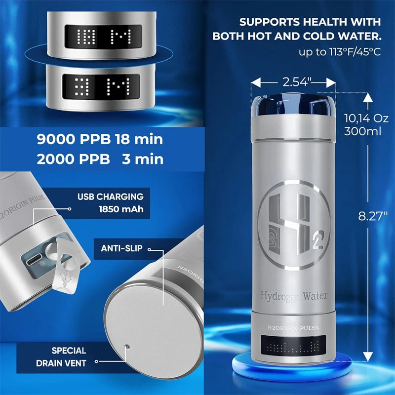 Hydrogen Water Bottle Generator — 9000 PPB, 3-in-1 Portable Water Ionizer