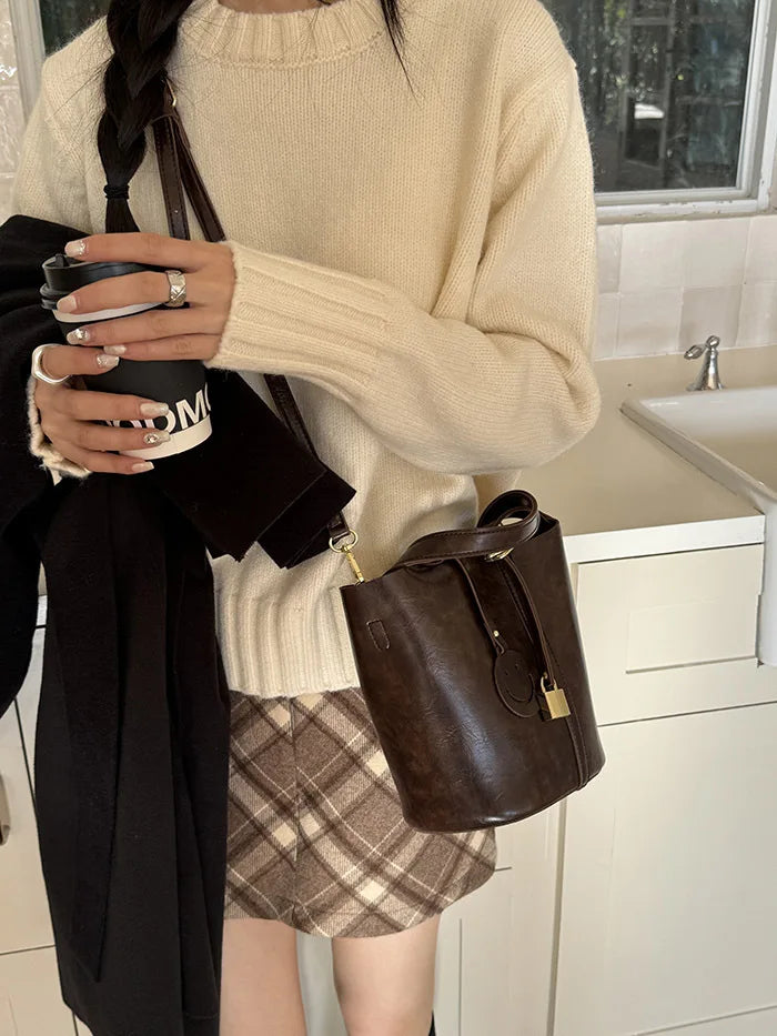 PU Leather Lock Bucket Crossbody Shoulder Bag – Fashion Designer Tote Handbag for Women