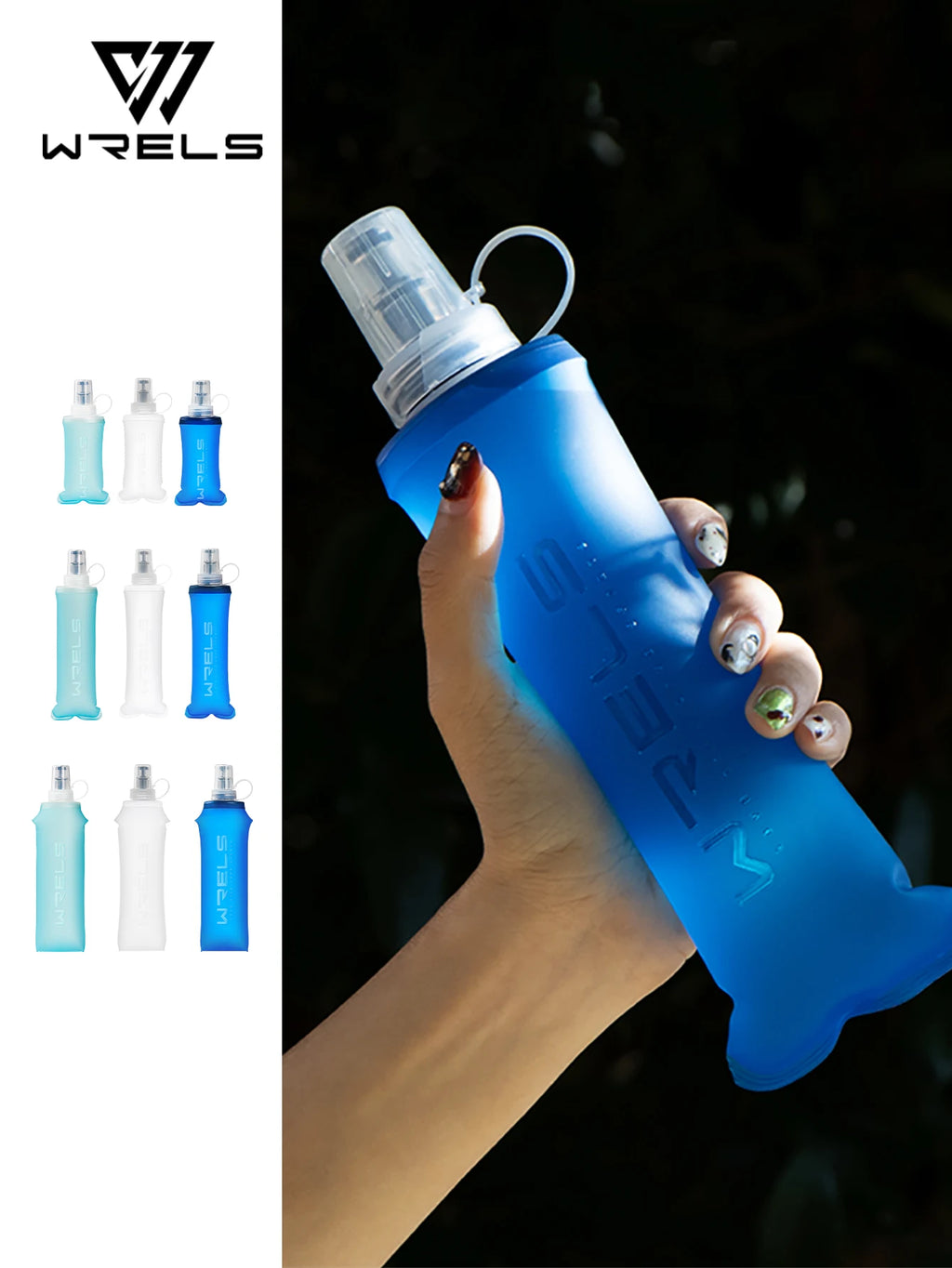WRELS Collapsible Soft Flask Water Bottle – BPA-Free TPU Foldable Running Bottle for Hiking, Camping & Travel, 150/250/500ml