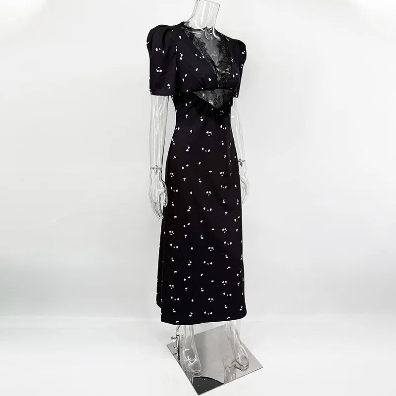TARUXY Sexy Hollow Lace Dress – Short Sleeve Elegant High Waist Slim Print Summer Party Club Dress