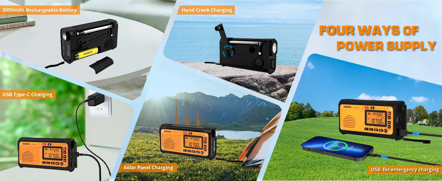 XHDATA D-608WB Emergency Crank Weather Radio — NOAA, Solar & Hand Crank Powered