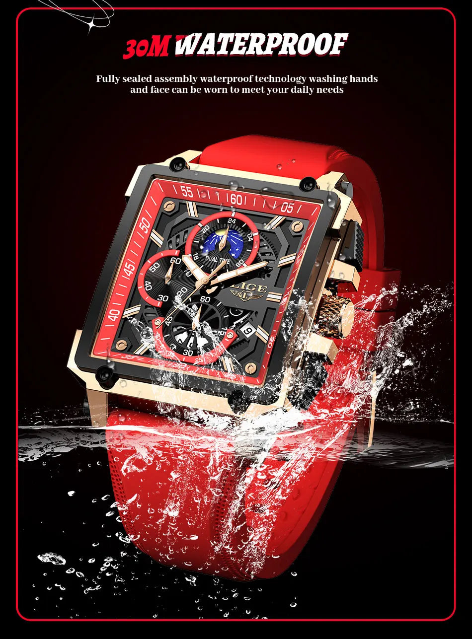 LIGE Men's Hollow Square Sport Watch | Fashion Silicone Strap Waterproof Quartz Wristwatch with Box