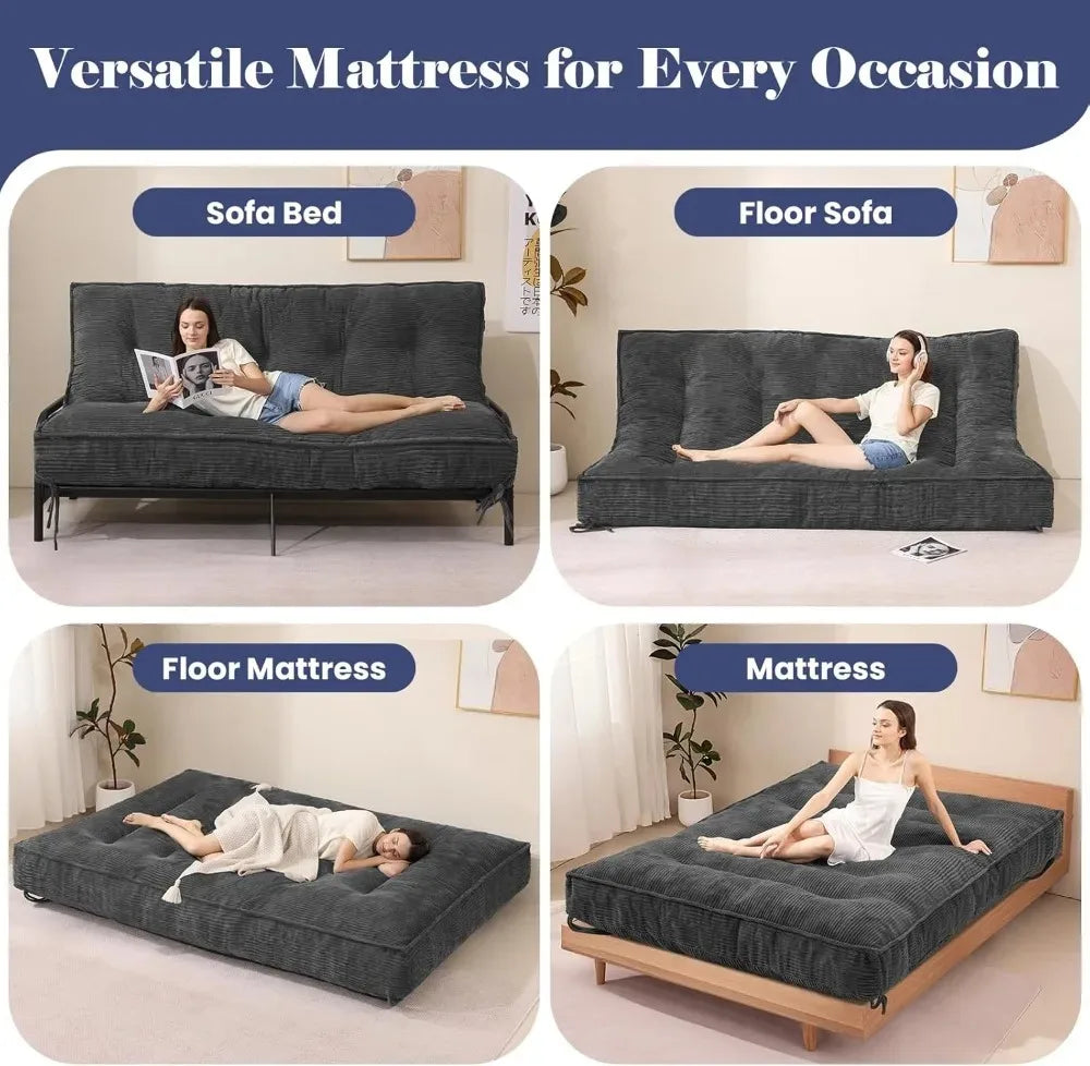 Sofa by Day, Bed by Night — 8" Thick Full-Size Futon Mattress | Roll-Up Folding Floor Sleeper, Medium Firm, Corduroy