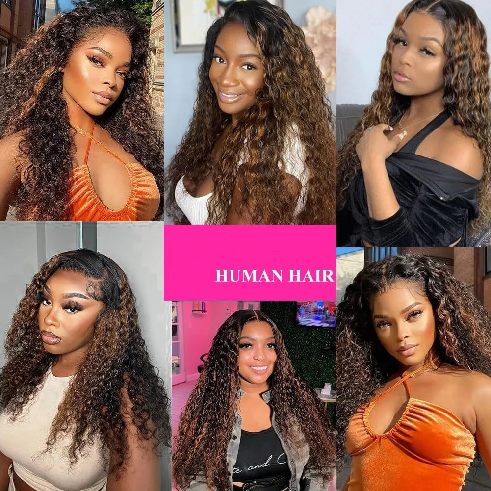 250 Density Curly 1B/30 Highlight Ombre Human Hair Wigs 13x6 HD Lace Frontal Wig Pre Plucked Brazilian Deep Wave Human Hair Wig