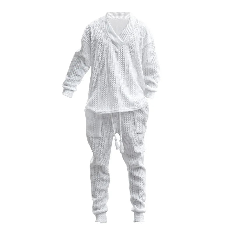 Men's Jacquard Knit Sweater & Casual Trousers Two-Piece Set