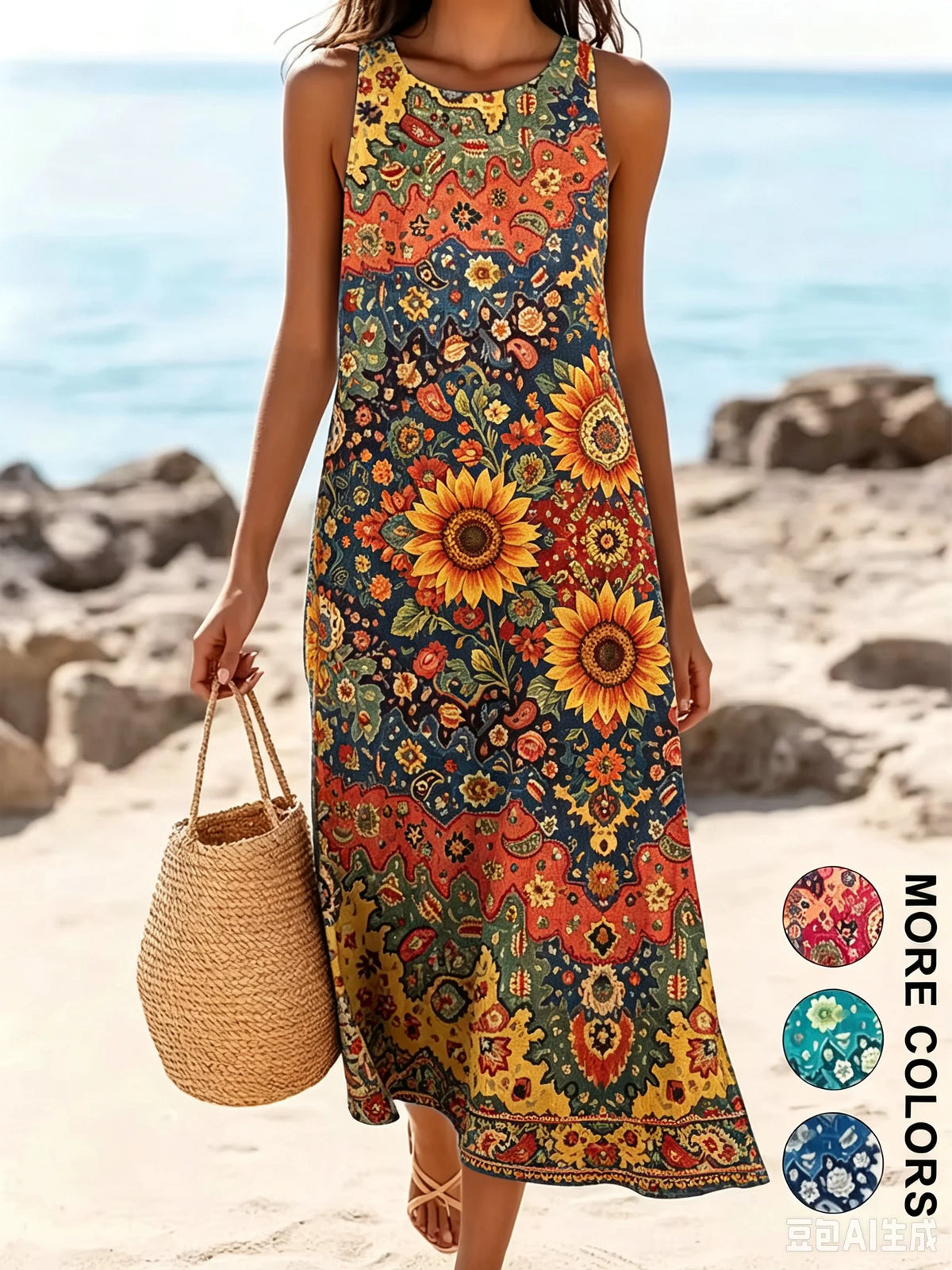 Women's Bohemian Floral Sleeveless MIDI Sundress with Pockets – Loose Sweetheart Beach Dress 2026