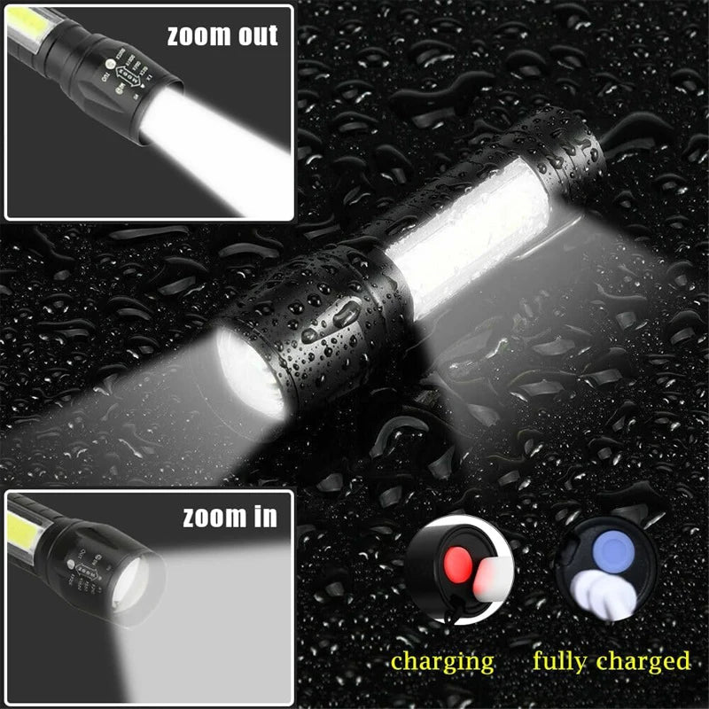 Mini COB+XPE LED Flashlight – USB Rechargeable, Zoomable, 3 Modes with Pocket Clip for Camping & EDC