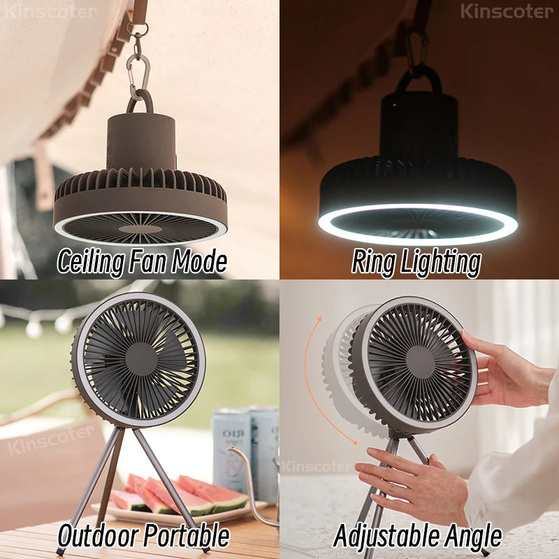 10000mAh Camping Fan – Rechargeable Portable Wireless Ceiling Fan with Power Bank & LED Lighting Tripod